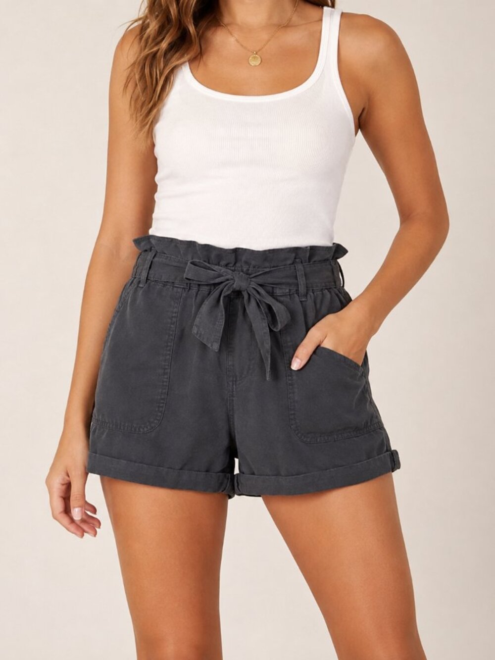 Aerie Charcoal Gray Paperbag Utility Shorts Size Medium Belted High Rise